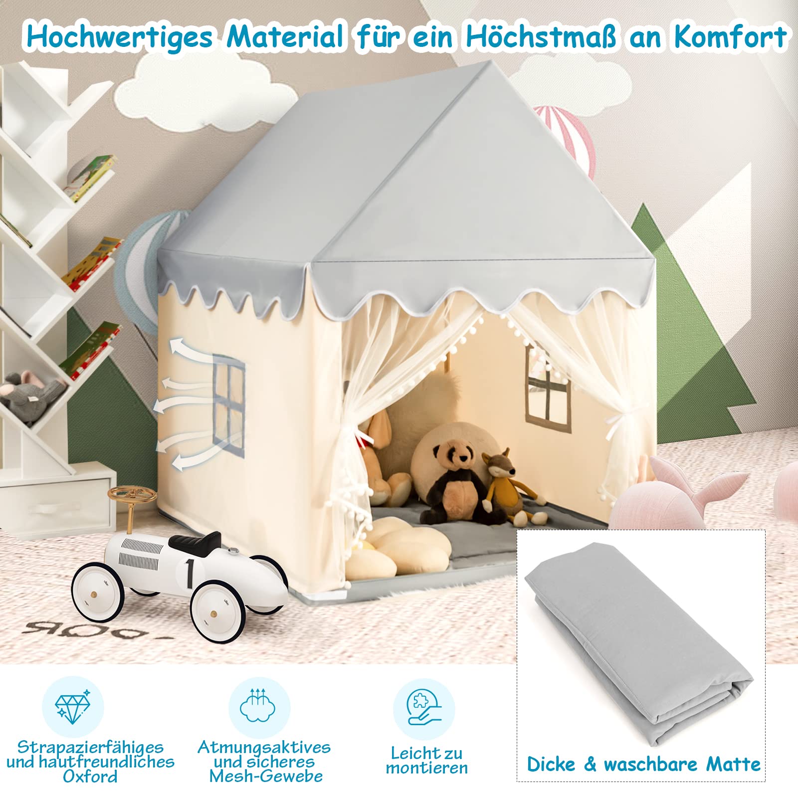 COSTWAY Kinderzelt Indoor, Kinderspielhaus für Jungen Mädchen Prinzess Prinzessin, Kinderspielzelt mit Massivholzrahmen & Baumwolldecke, Kinder Spielhaus für Drinnen, 120x105x140cm (Beige+Grau)