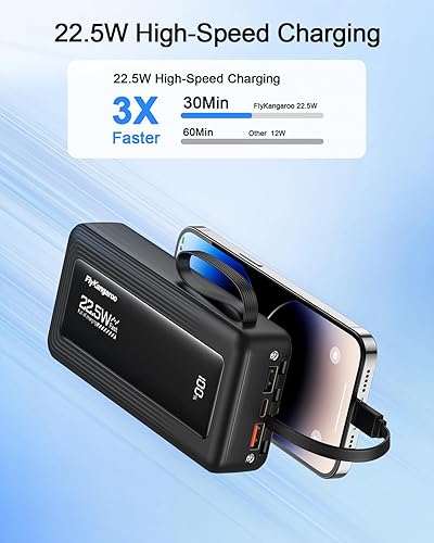 Miniatura 2 de Cargador portátil con cables incorporados, delgado 20000mAh carga rápida 22.5W banco de energía USB C pantalla LED paquete de batería 6 salidas y 2