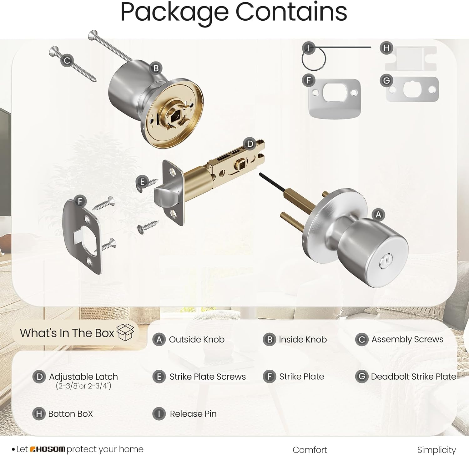 HOSOM 6 Pack Privacy Door Knob with Lock, Interior Door Knobs for Bedroom and Bathroom, Keyless Doorknob with Round Ball, Satin Nickel Door Handle
