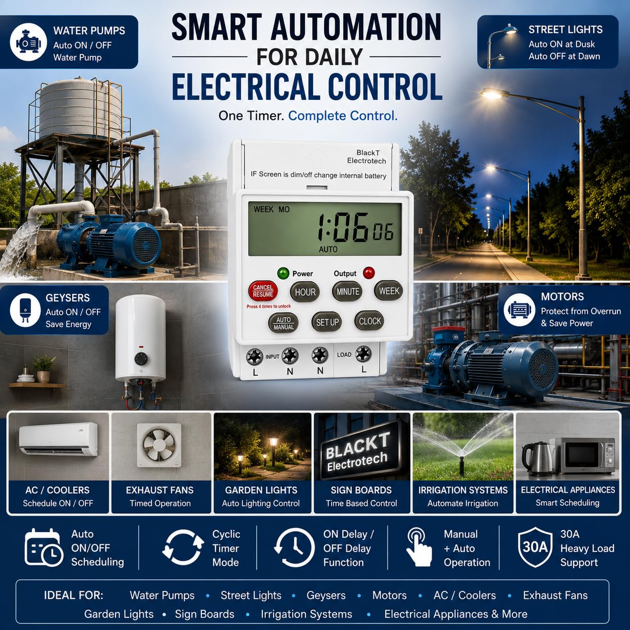 BlackT Electrotech BT41D5 Digital Timer Switch 30A, 230V | Programmable Timer with 24 ON/Off Programs, Cyclic & Manual Start/Stop Delay | for Geyser, Water Pump, Lights, & Motors — Amazon image 4
