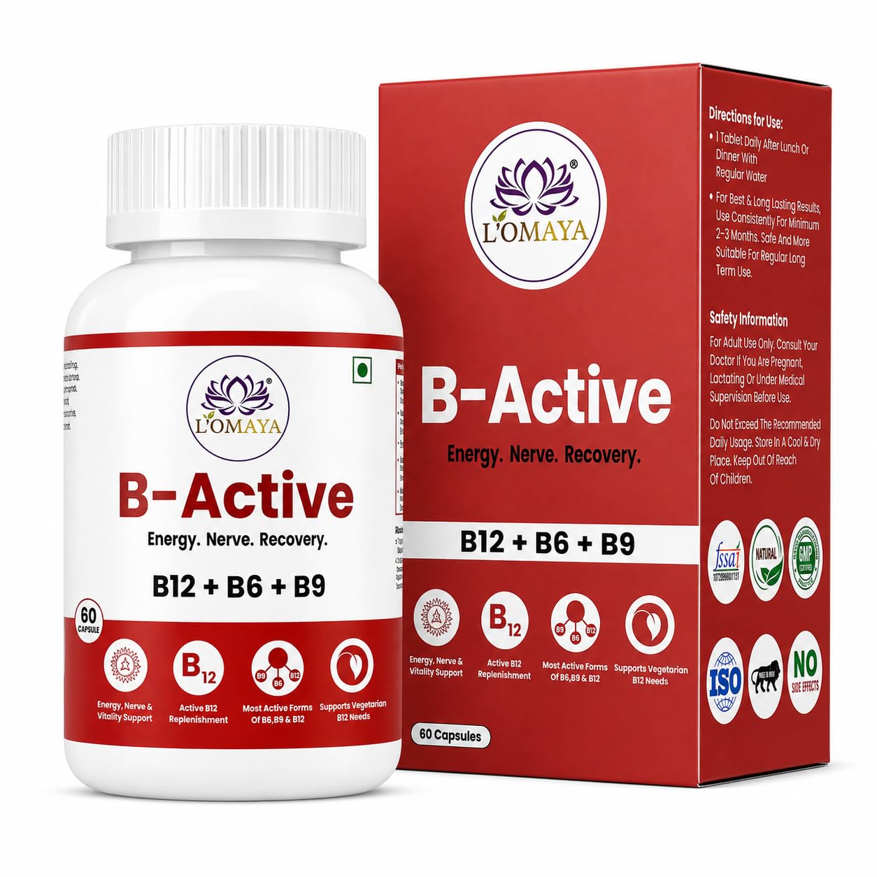 [BRSRYZIEOUOQMEI3] L'Omaya B-Active | Vitamin B12 with Methylcobalamin | 100% RDA | With Active Forms of Vitamin B6 (P5P) & B9 (Methylfolate) | Energy, Nerve & Brain Support | 60 Vegetarian Capsules