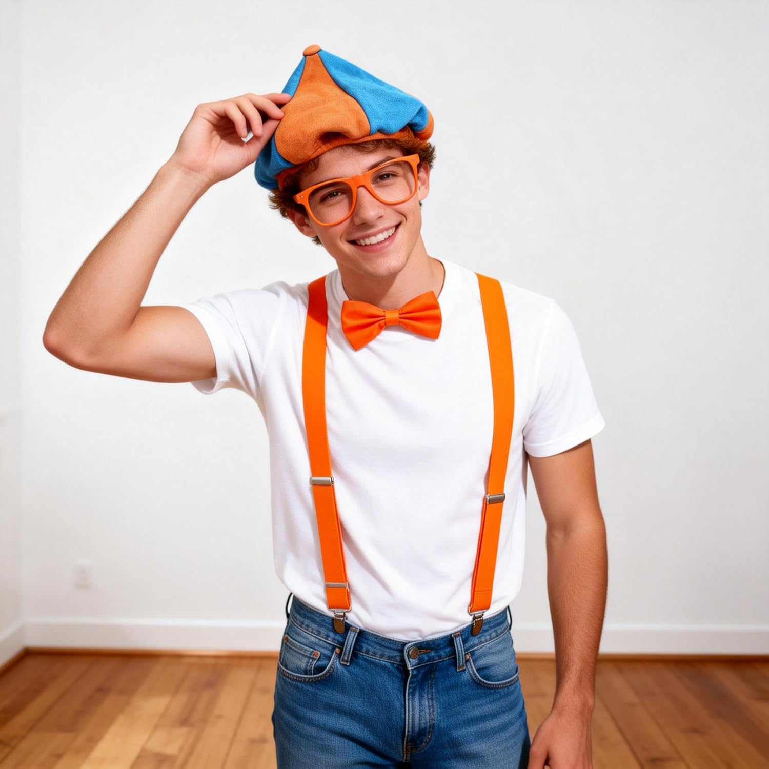 Blue Orange Hat,Orange Suspender,Bow-tie, Glasses, 4PCS Unisex Costume Accessory Set for Halloween Dress Up Party Supply - Image 6