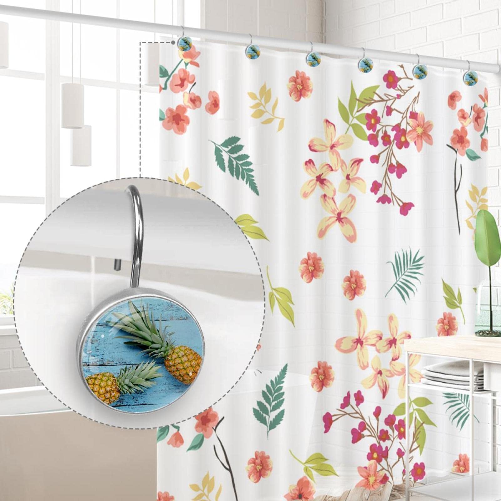 Duschvorhang Mit Pfotenabdruck & Haustiergesichtern – Floraler Sonnenaufgang-Design, 12 Hake Inklusive – Waschbar & Pflegeleicht