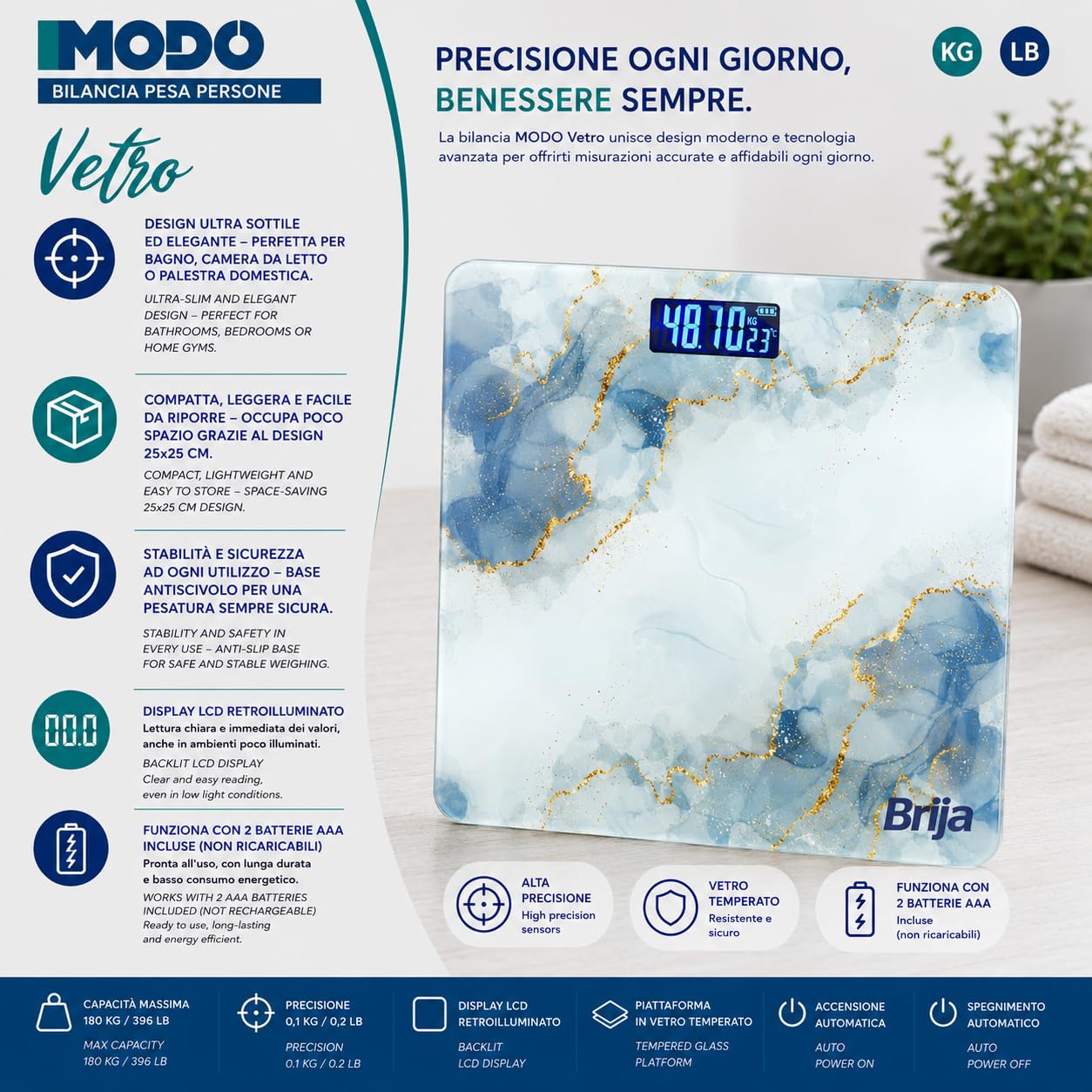 IPEA Bilancia Pesapersone Digitale Ultra Sottile - Tecnologia STEP ON - Massima Precisione Peso - Deisgn Effetto Marmo - Bilancia in Vetro Temperato con Display misurazione fino 0,1 KG - Max 180Kg