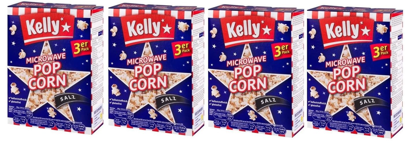 4 Confezioni da 3 x 90g Per Kelly Popcorn Salato per Microonde Snack Croccante e Pratico
