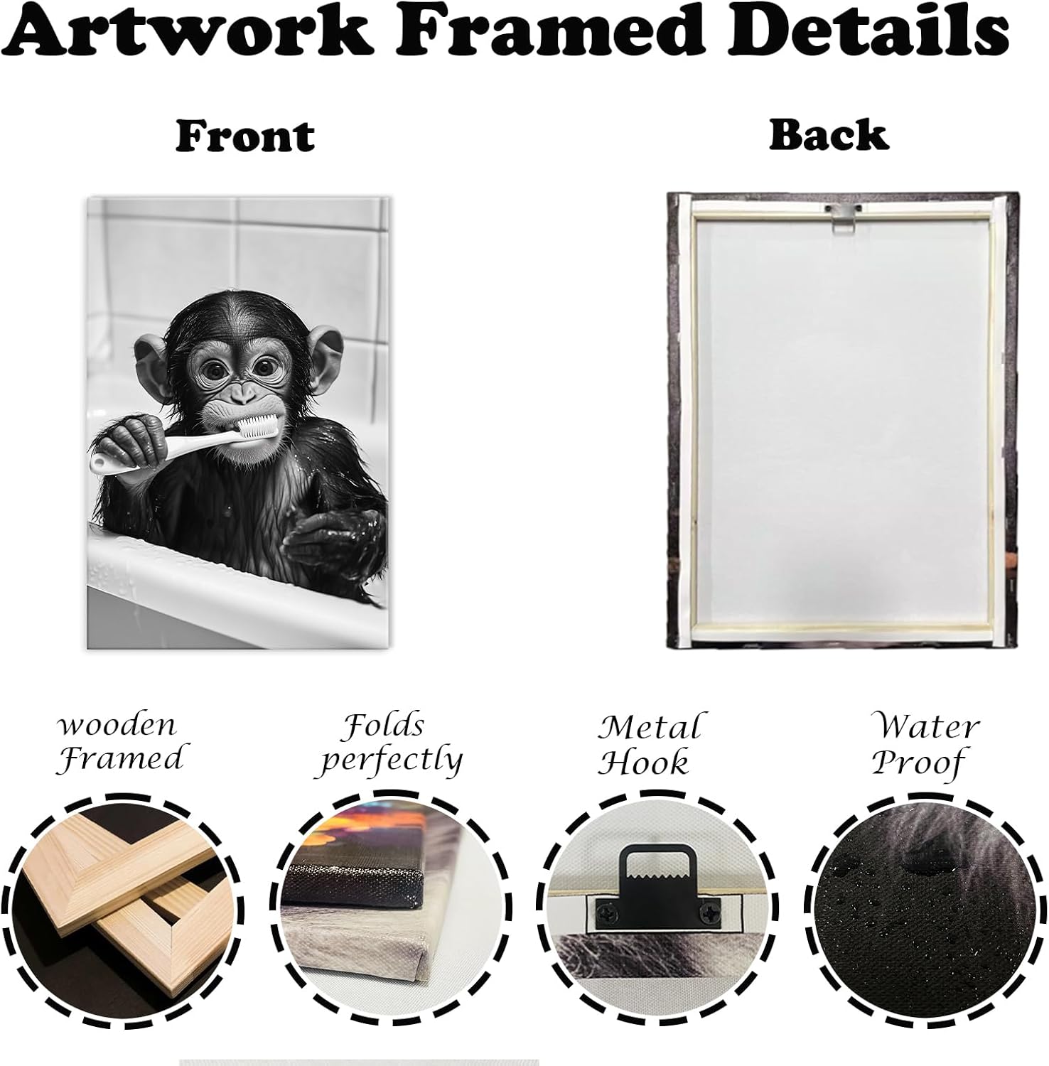 OAAPITI Funny Bathroom Animal Wall Art Monkey Brushing Teeth Posters Cute Animal Painting Canvas Black And White Wall Decor Toilet Decoration(Artwork-3,12"x18")