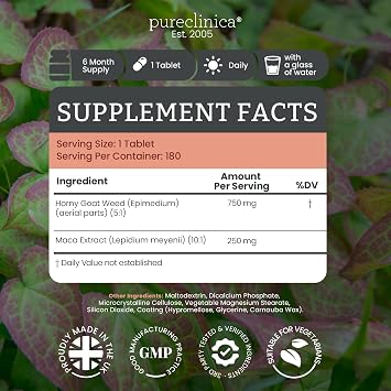 pureclinica Horny Goat Weed & Maca 1000mg 180 Tablets (6 Month Supply) 10X Icariins Strength w/Black Pepper for 300% Absorption Energy, Libido & Performance Support