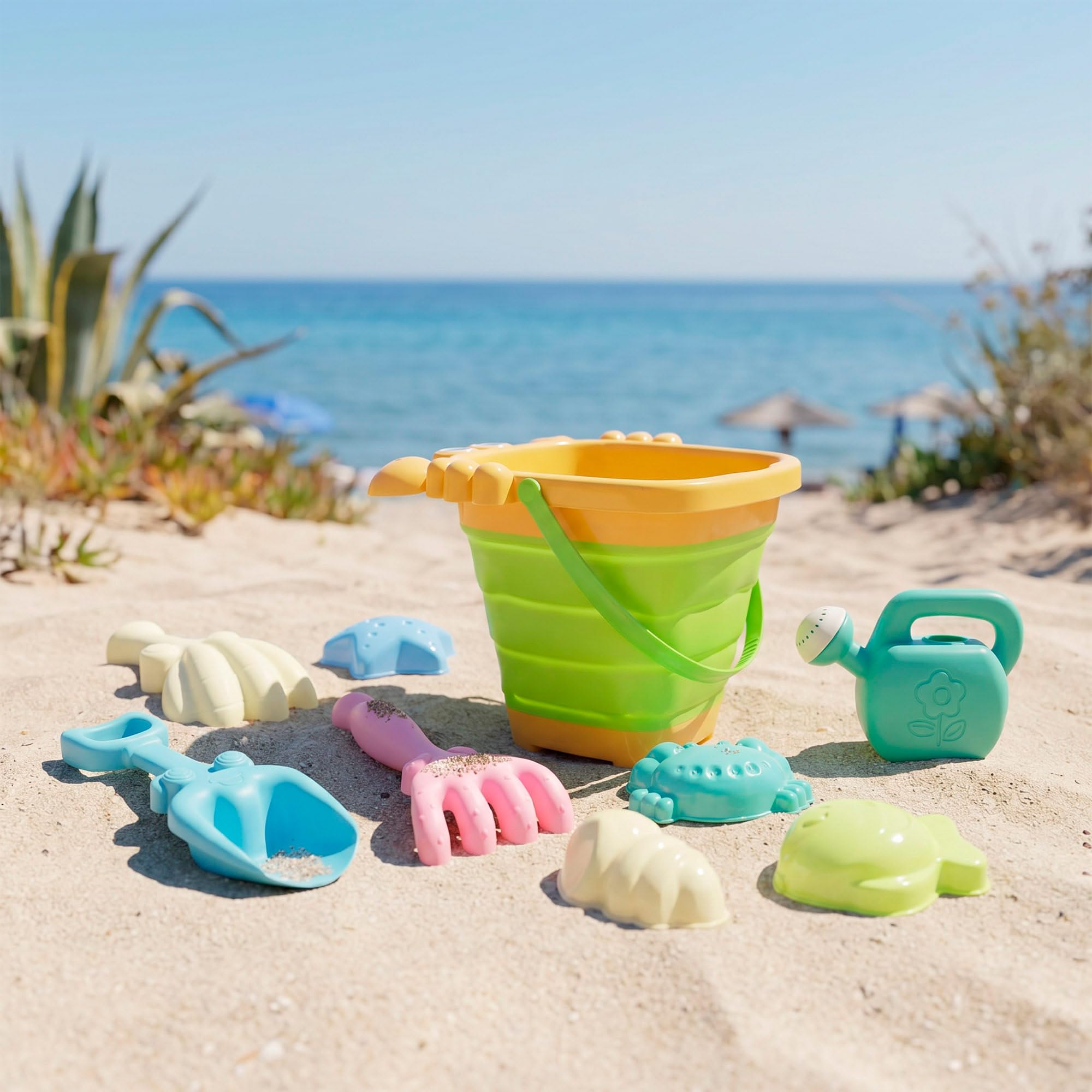 Color Beach Set De Playa De 8 Piezas – Cubo, Pala, Rastrillo, Moldes Y Bolsa De Red, Para Niños A Partir De 18 Meses