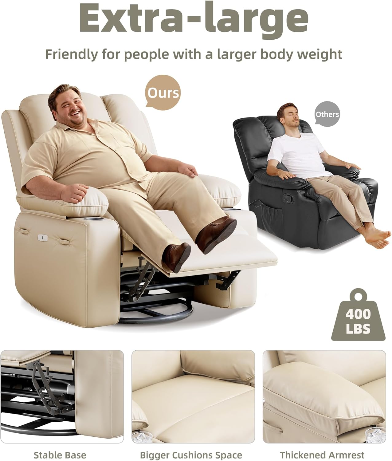 Oversized Power Recliner Chair with Heat and Massage - 360° Swivel Faux Leather Rocking Chair for Adults with Cup Holder for Living Rooms, Bedrooms, and Nurseries-Beige