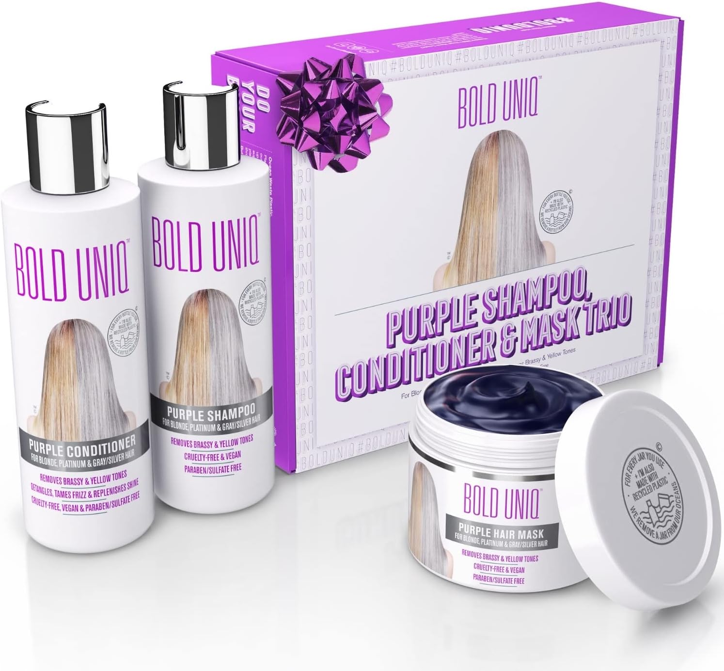 Purple Shampoo, Conditioner & Mask Trio Gift Set. Removes Brassy Yellow Tones. Lightens Blonde, Platinum, Ash, Silver & Grays. Paraben & Sulphate Free. PETA Approved Cruelty-free and 100% Vegan.