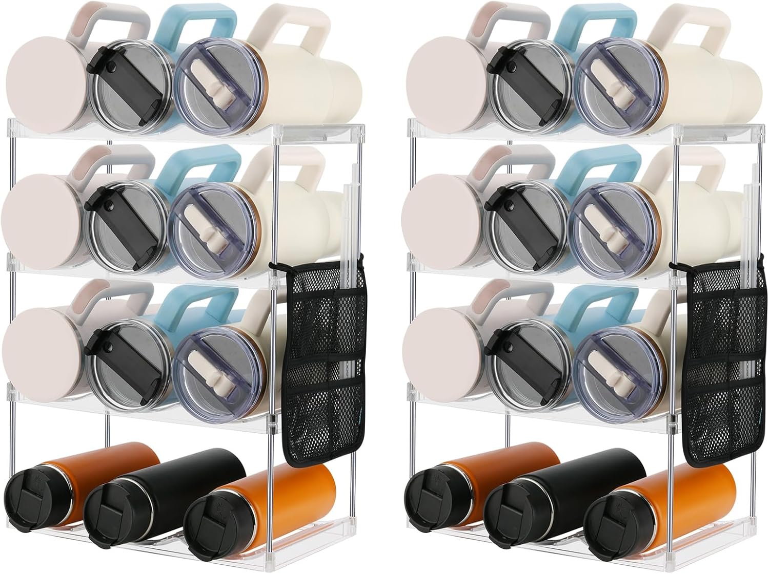 Beautyflier Water Bottle Organizer for Stanley 40 oz Tumbler, 4-Tier Tumbler Storage Holder with Straw Storage Bag, Stackable Water Bottle Holder, Cup Organizer for Kitchen Cabinets Counter, 2 SET