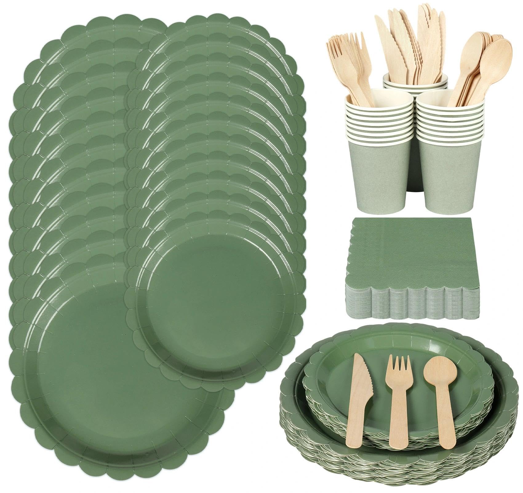 200Pcs Paper Plates and Napkins, Sage Green Party Plates Cups and Cutlery for 25 Guests, Disposable Cutlery with Knives, Forks, Spoons for Party Birthday Wedding