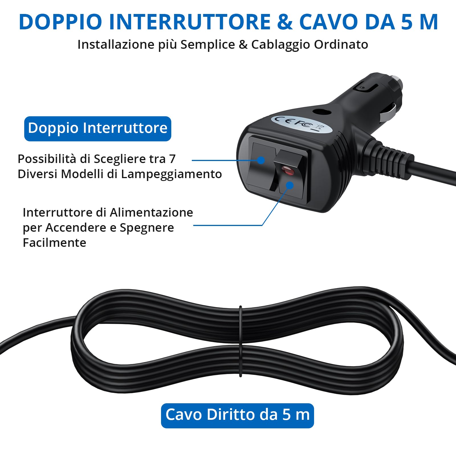 30LED Luci Lampeggianti di Emergenza con Supporto Metallico Nero, Barra LED Magnetica con Cavo da 5m, 12/24V, IP65 e 7 Modalità con Memoria, Universale per Camion Furgone Trattore Caravan