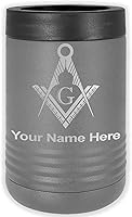 Vista 11 de LaserGram Aislador personalizado de latas y botellas de acero inoxidable, símbolo masón, mantiene las bebidas frías durante más tiempo (azul marino)