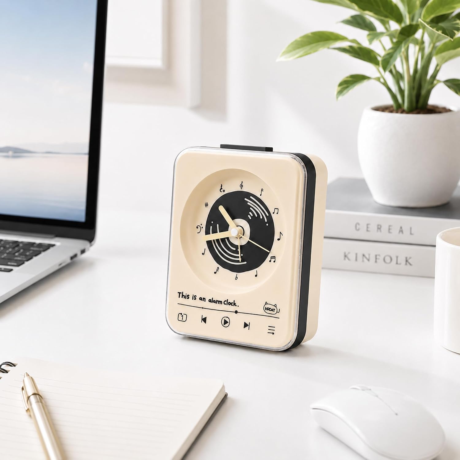 Analog Alarm Clock 4" Silent Non-Ticking Small Modern Desk Clocks with Night Light Battery Operated Simple Style Table Clock for Office/Bedroom/Kitchen/School/Bedside/Shelf (Record)