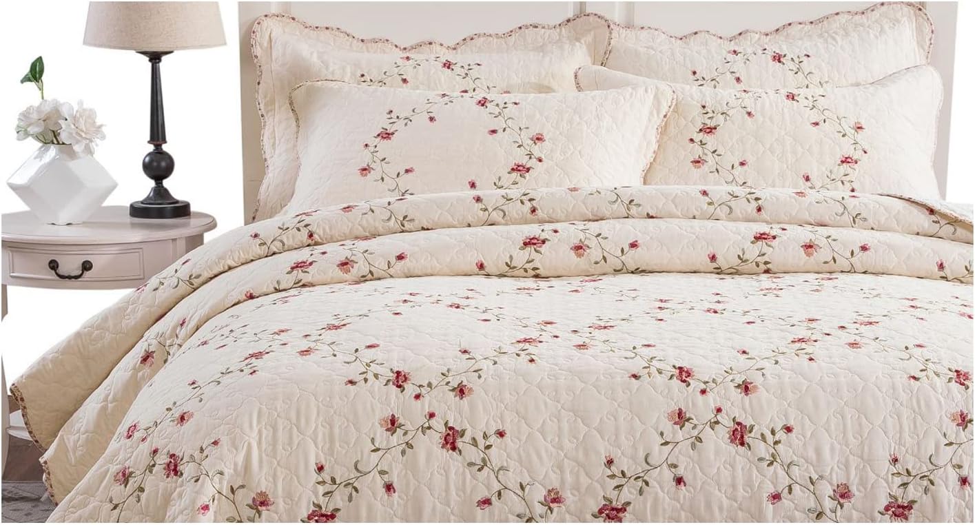 100% Cotton Floral Bedspread Set Green Blue Pink Flower Patchwork Quilted Coverlet Set (Queen 86x 94 Inches)