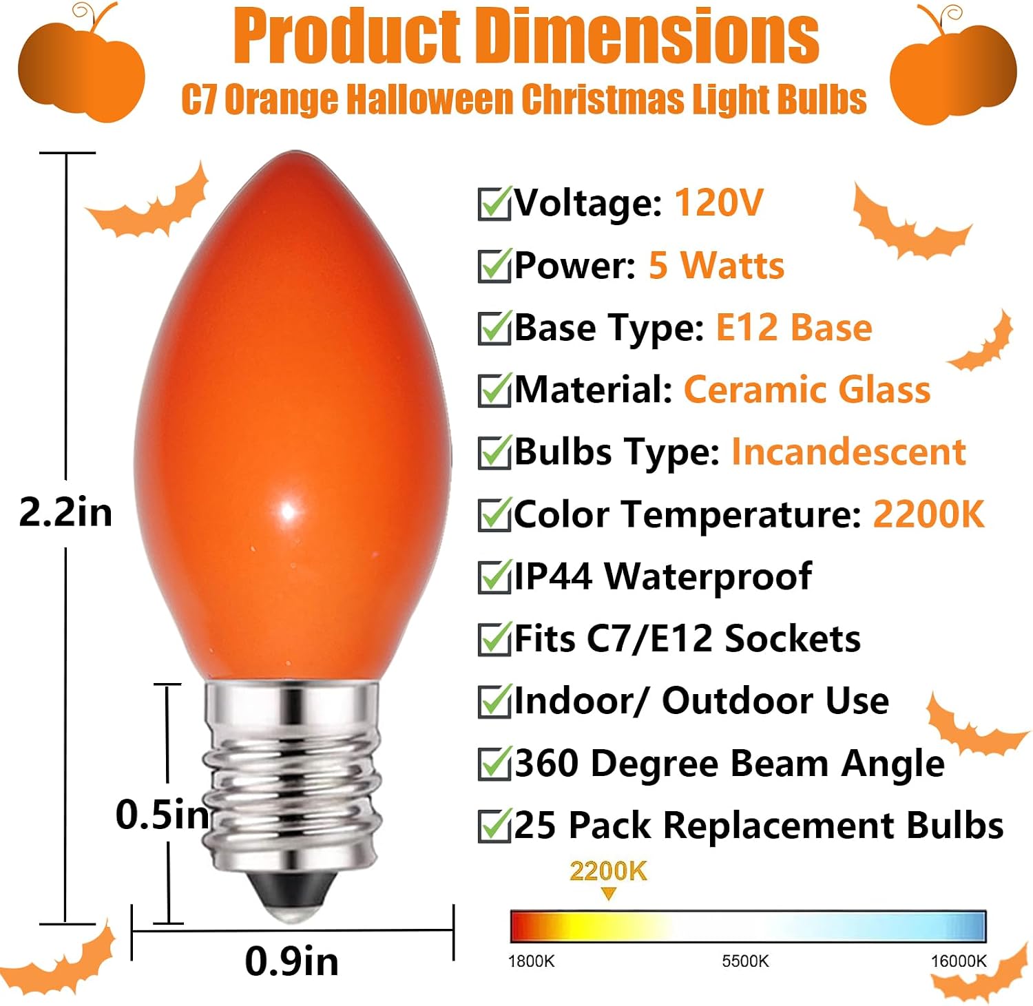 C7 Orange Halloween Light Bulbs, 25 Pack Ceramic Orange Christmas Replacement Bulbs E12 Candelabra Base Bulb for Outdoor Indoor Xmas String Lights Nightlight Christmas Halloween Decorations, 5 Watts