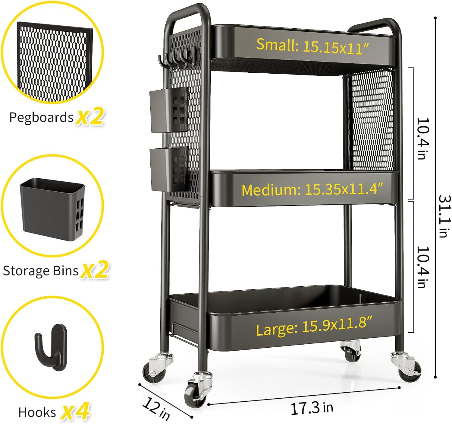 TOOLF 3 Tier Rolling Cart Storage Organizer, Metal Rolling Utility Car with Wheels, Hooks & Bins Esthetician Art Sturdy Storage with Pegboard for Bathroom, Kitchen, Office, Nursery Diaper