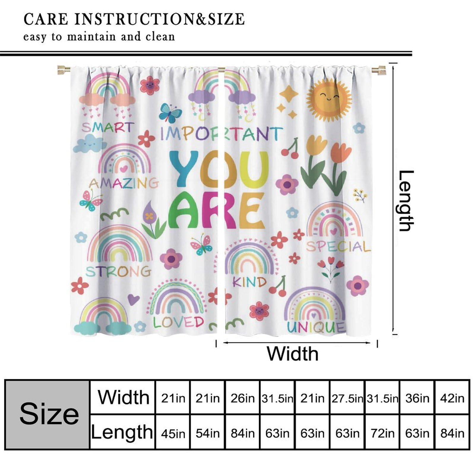 Rainbow Curtains, Quotes Inspirational Positive Rainbow Hippie Flower Blackout Window Treatments, Rod Pocket Thermal Insulated Drapes 2 Panel Sets for Kids Bedroom Nursery Classroom, 42