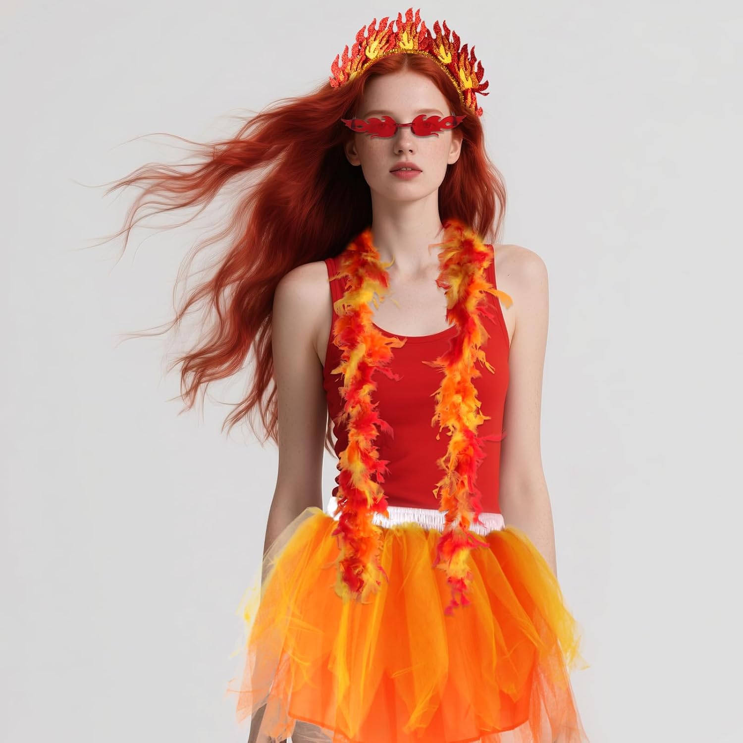 Beelittle Flame Costume Set for Women Fire Headband Sunglasses Feather Boa Flame Dangle Halloween Cosplay Accessories