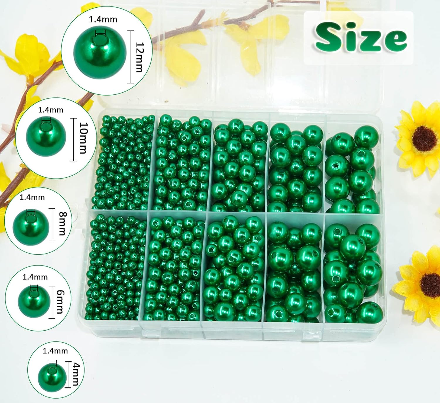 Dark Green Pearl Beads for Jewelry Making, 1750pcs Dark Green Pearl Craft Bead with Hole 4mm 6mm 8mm 10mm 12mm Loose Spacer Bead for Necklace Bracelet Earrings Wedding Dress Decor (Green-Dark) - Image 2