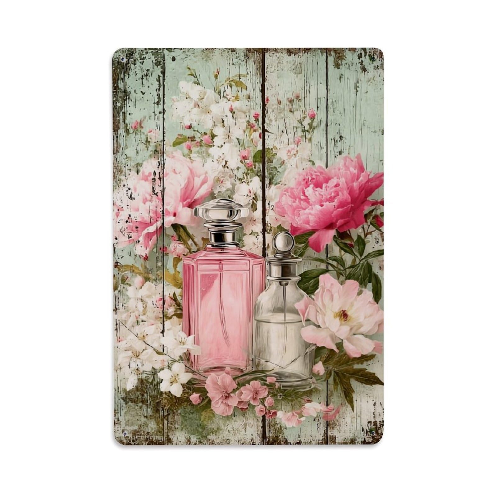 Jdfenggu Vintage Floral Perfume Bottles Background Retro Metal Tin Sign, Decor Art Poster For Bar, Home, Man Cave, Kitchen, Laundry Room Gift 8X12inch