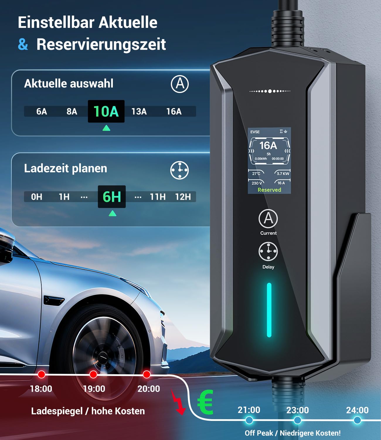 Typ 2 Ladekabel Schuko 3,7kW - 7m|6-16A|1-phasig Tragbare EV Ladegerät IP65 Wasserdicht mit LCD-Anzeige, Einstellbarer Ladeleistung, Einstellung Startzeit, für Allen EVs(IEC 62196-2) & PHEVS
