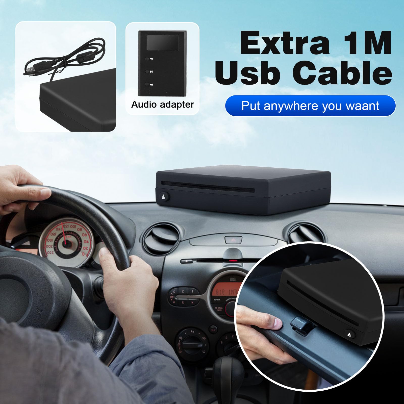 CD Player Auto Extern mit Adapter, Auto-cd-Player mit USB-Anschluss, CD/DVD Dish Box Player, Externes Laufwerk für Laptop, PC, Fernseher, Kompatibel mit Android Autoradio