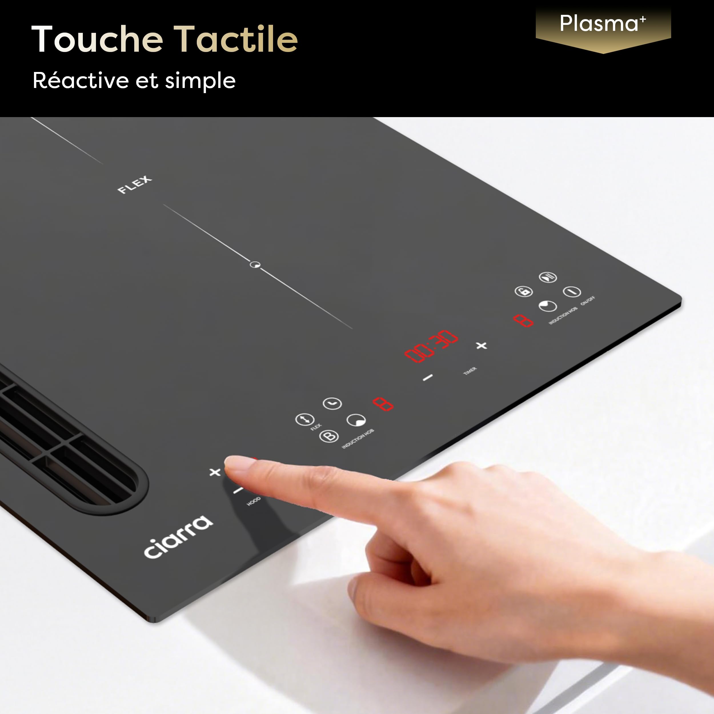 CIARRA ONE CBBEH392BF Plaque de cuisson à induction avec hotte aspirante, hotte de table intégrée, 39 cm, 2 plaques, Flexzone, 9 niveaux, sécurité enfant, minuterie, Stop & Go Booster