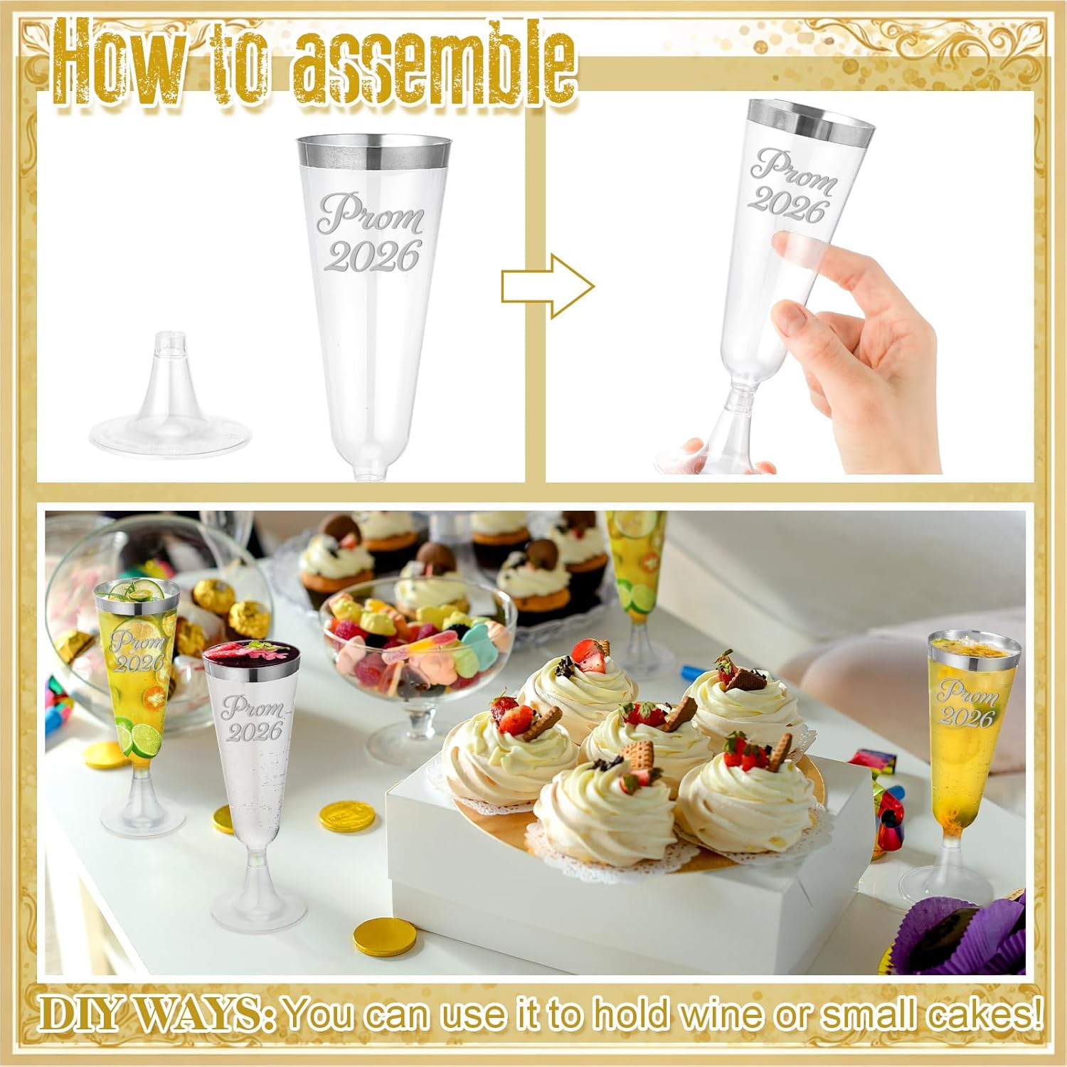 Jingmore 48 Pack Prom 2026 Plastic Graduation Champagne Flutes 5 oz Disposable Graduation Cocktail Cups Transparent Mimosa Glasses Party Favors Drinkware for Graduate Party(Prom 2026,Silver)