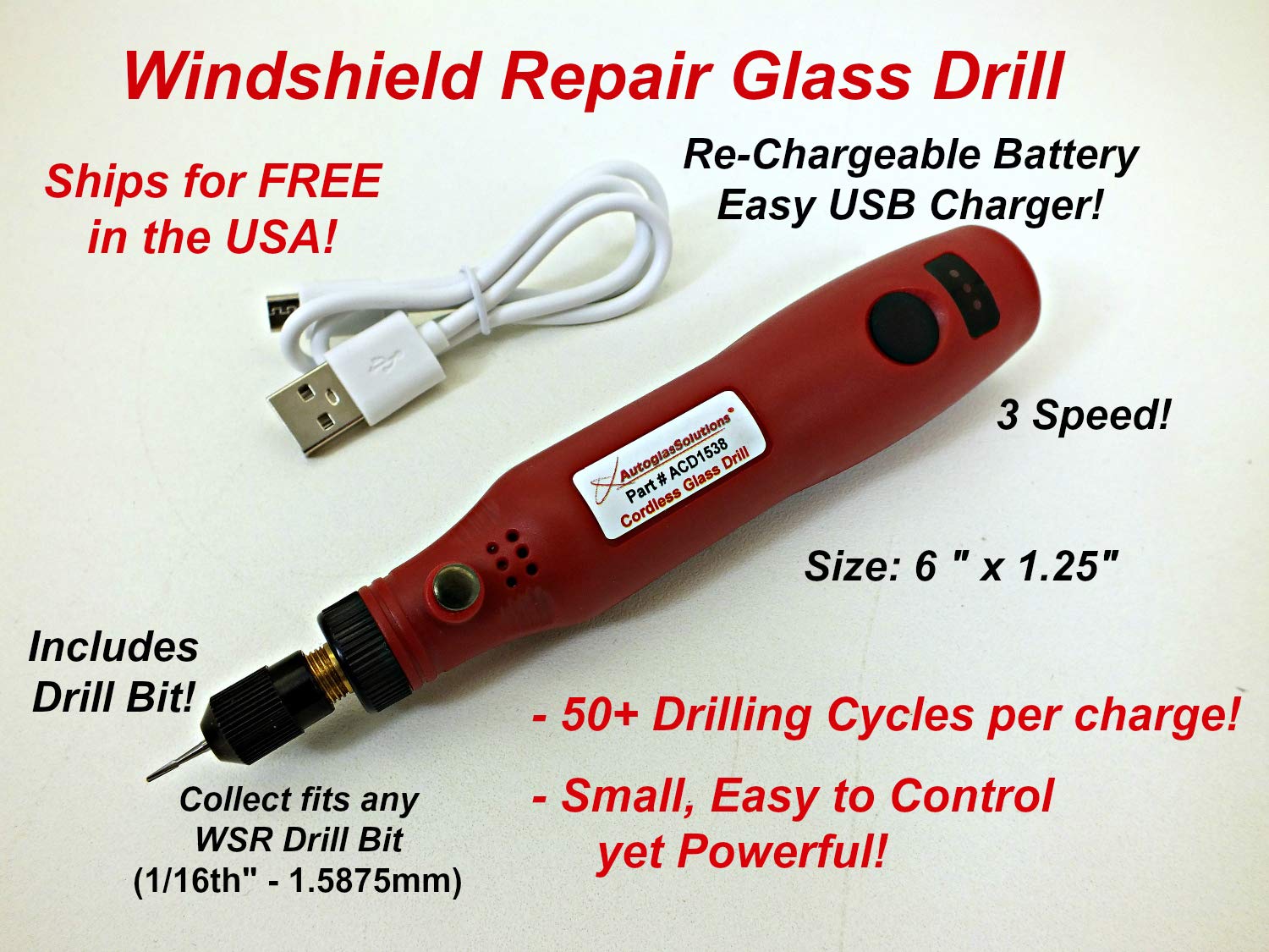AutoglasSolutions Glass Drill for Windshield Repair Kit - 3 Speed - Cordless