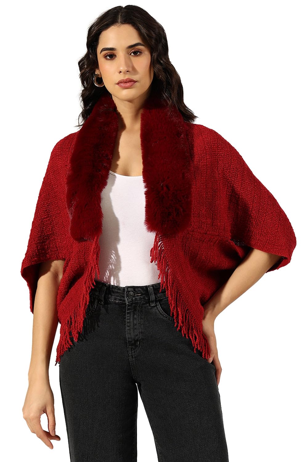 Edition Women's Knitted Red Faux Fur Collar Poncho with Fringed Hem-CHN-2027_Red-P-image-22