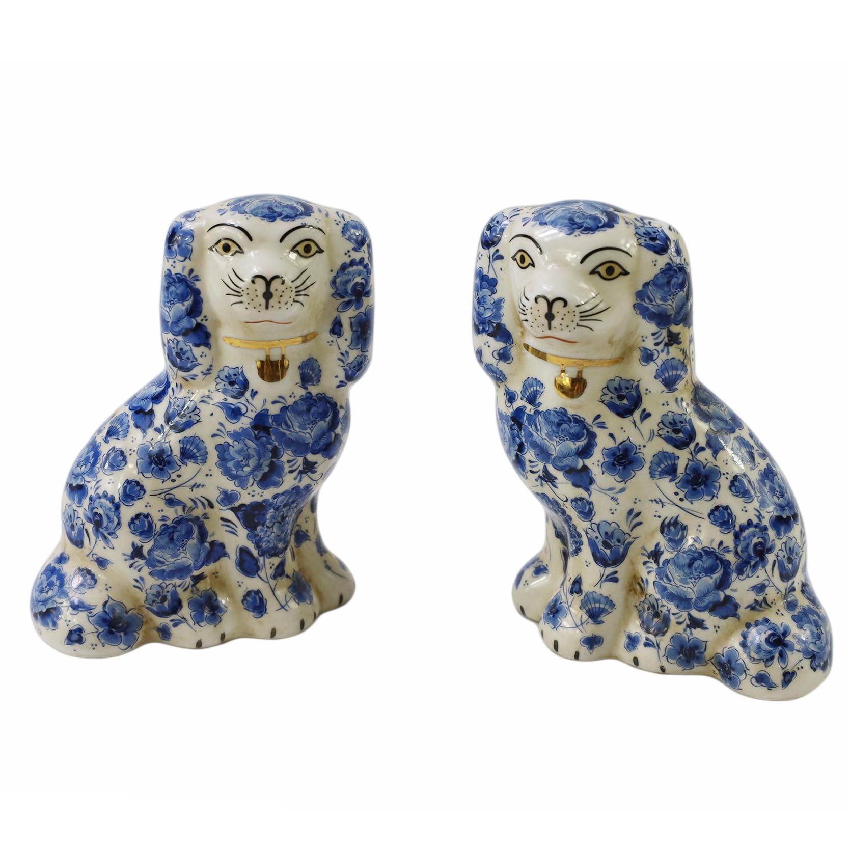 SYNWISH Vintage Hand-Painted Ceramic Dog Figurine Crafts for Living Room Desktop Decorations, Small Porcelain Spaniel Dog Statue Sculpture Ornament Home Decor Accents -Set of 2,Blue Floral