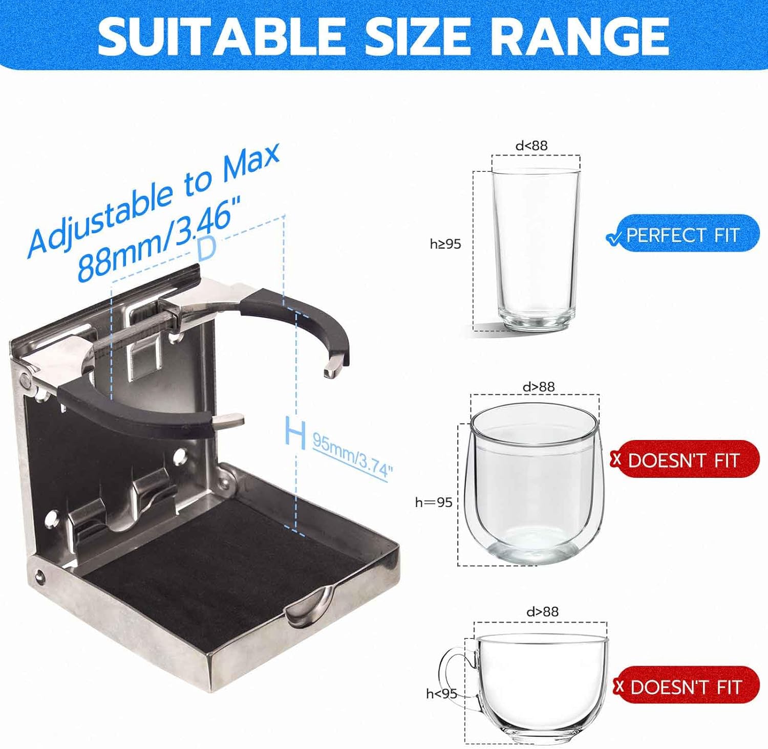 2-Pack Adjustable Stainless Steel Boat Cup Holder | 304 Marine-Grade Foldable Drink Holder with Silicone Grip | Fits 2.625"-3.5" Cups, for Boat, RV, Car & Yacht