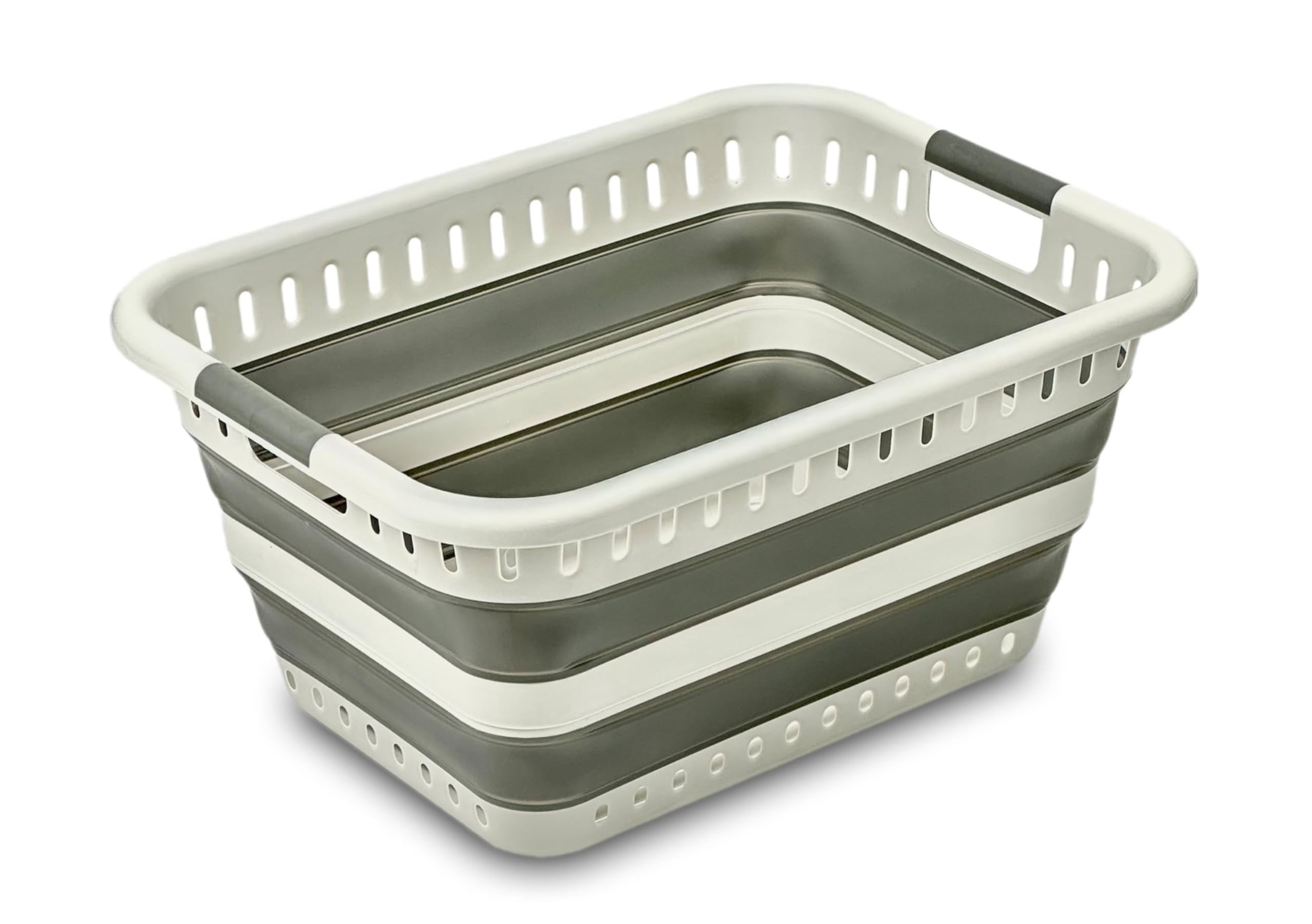 Addis Space-Saving Foldable Laundry Basket 45 litre Clothes Washing Hamper with Straight Soft-Grip Handles, White & Grey