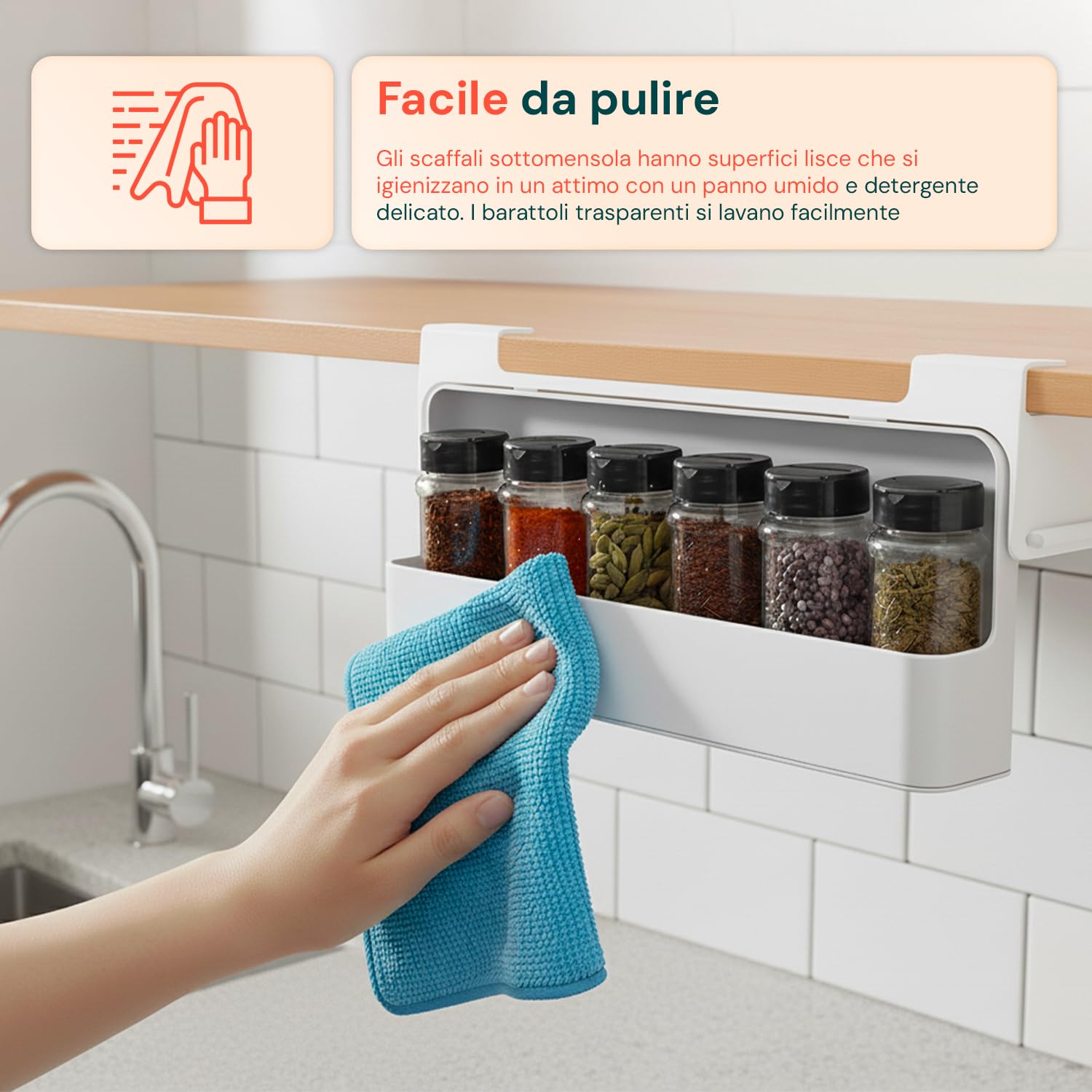 Avilia – Set 2 Porta Spezie per Cucina Estensibili con 6 Barattoli Vetro con Coperchio Ermetico, Organizer Salvaspazio Regolabile per Pensili e Piani, Facile da Montare e Pulire