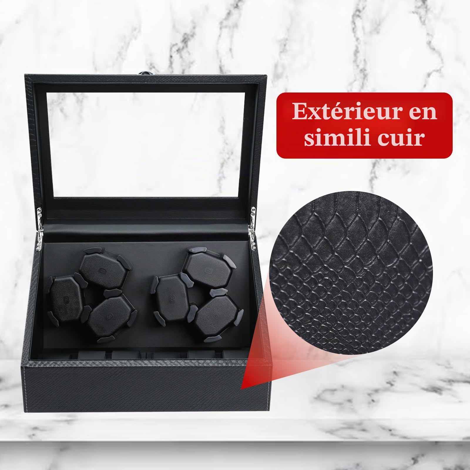Remontoir Montre Automatique, 6 Boite Montre Automatique avec Rétroéclairage LED, Moteur Silencieux, Plusieurs Modes de Rotation, Remontoire Montre Automatic Technologie Intelligente d'Arrêt