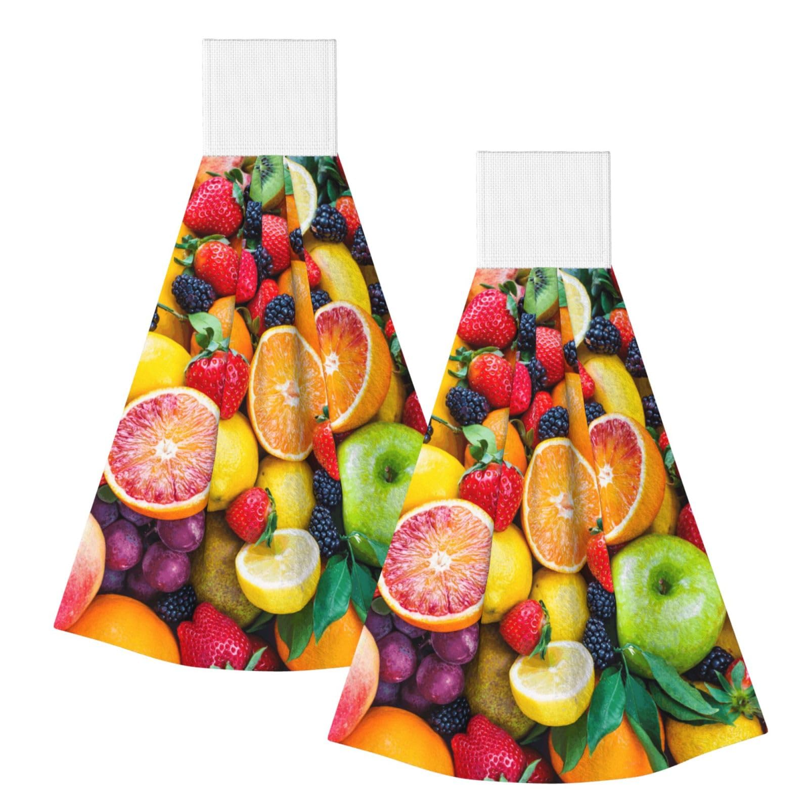 DOPKLNA Fresh Fruits, 2 Pcs Hanging Coral Fiber Hand Towels for Bathroom, Absorbent Kitchen Towels