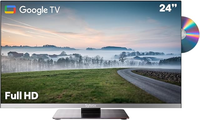 SYLVOX Smart RV TV, 24 inch TV with DVD Player Built-in, 12 Volt TVs for RV Camper 1080P FHD, Google Smart Free Download APPs, Support WiFi Bluetooth, 2 HDMI & 2 USB, AC/DC Powered, Frameless Design
