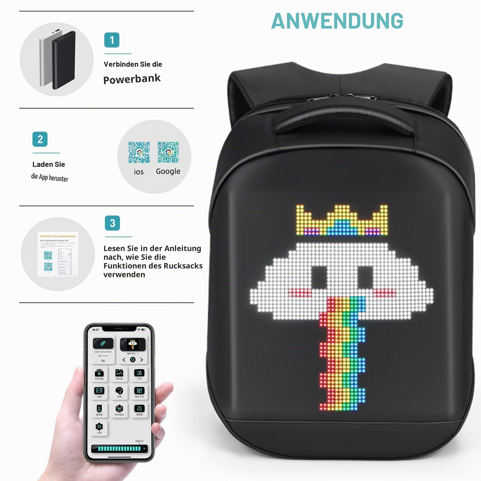 Gelrova LED Rucksack mit App-Steuerung, Dynamische LED Display, Laptop-Rucksack, Leicht & Langlebig, Multifunktionaler Stauraum für Männer Frauen (schwarz)