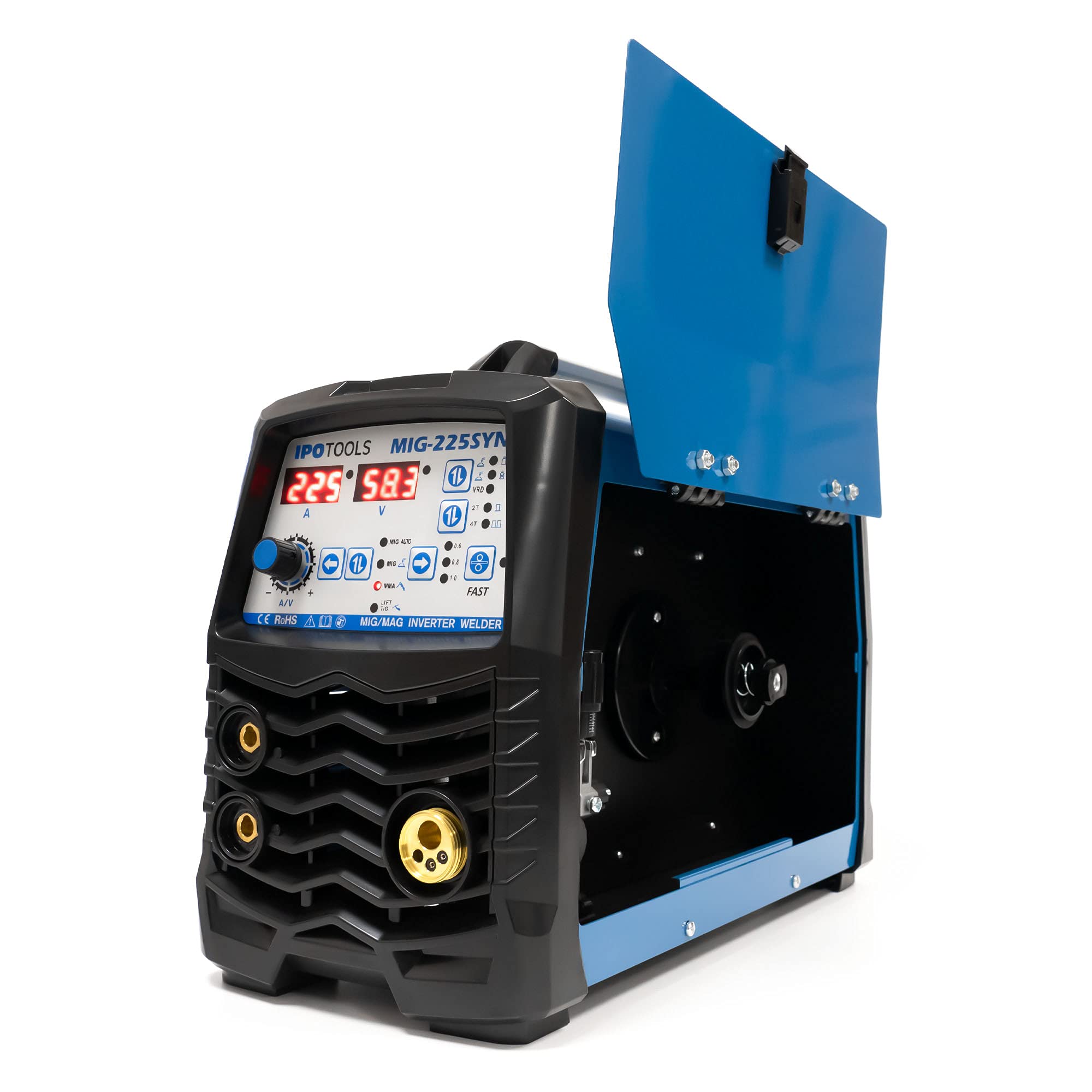 IPOTOOLS MIG-225SYN Inverter Schweißgerät MIG MAG - Schutzgas Schweissgerät mit 225 Ampere/Synergic Funktion/Fülldraht und Elektroden/E-Hand/Digitalanzeige/IGBT / 230V / 7 Jahre Garantie