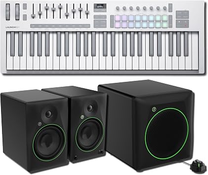 Novation Launchkey 49 MK4 White MIDI Keyboard Bundle with Mackie CR8BT 8-Inch Monitors and CR8SBT Subwoofer 49 Keys, 340W 35Hz 2.1 White Studio for Music Production, Beat Making, and Streaming