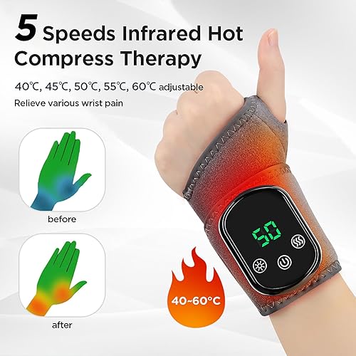 Miniatura 4 de Almohadilla térmica de muñeca recargable para aliviar el dolor, masajeador de manos calentado con 5 modos de calor y vibración, terapia para túnel