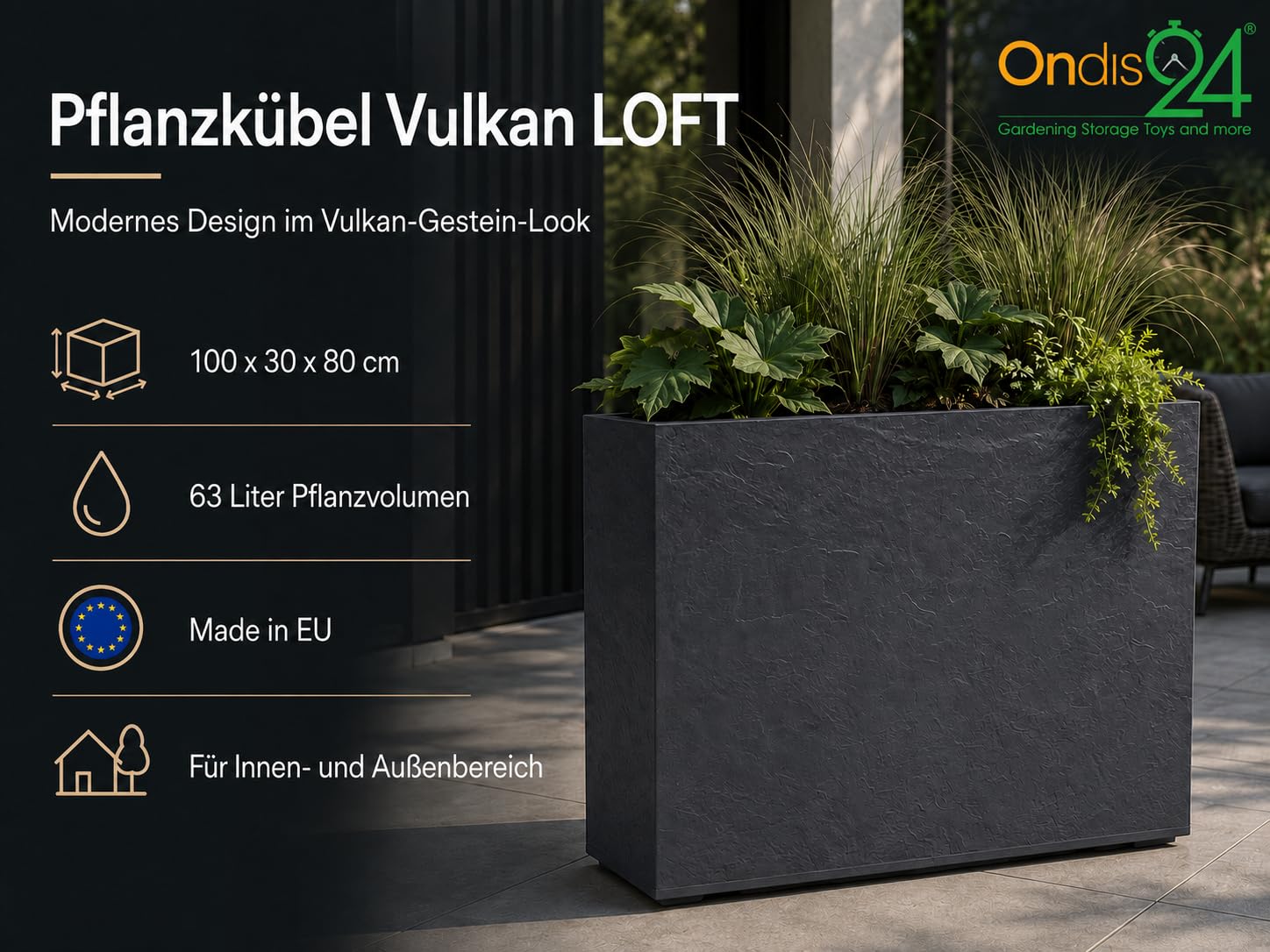 Ondis24 Pflanzkübel Vulkan LOFT, Blumenkübel rechteckig, Blumentopf Wasserspeicher, Schiefer Gestein Optik, Winterfest (63 Liter, Anthrazit)