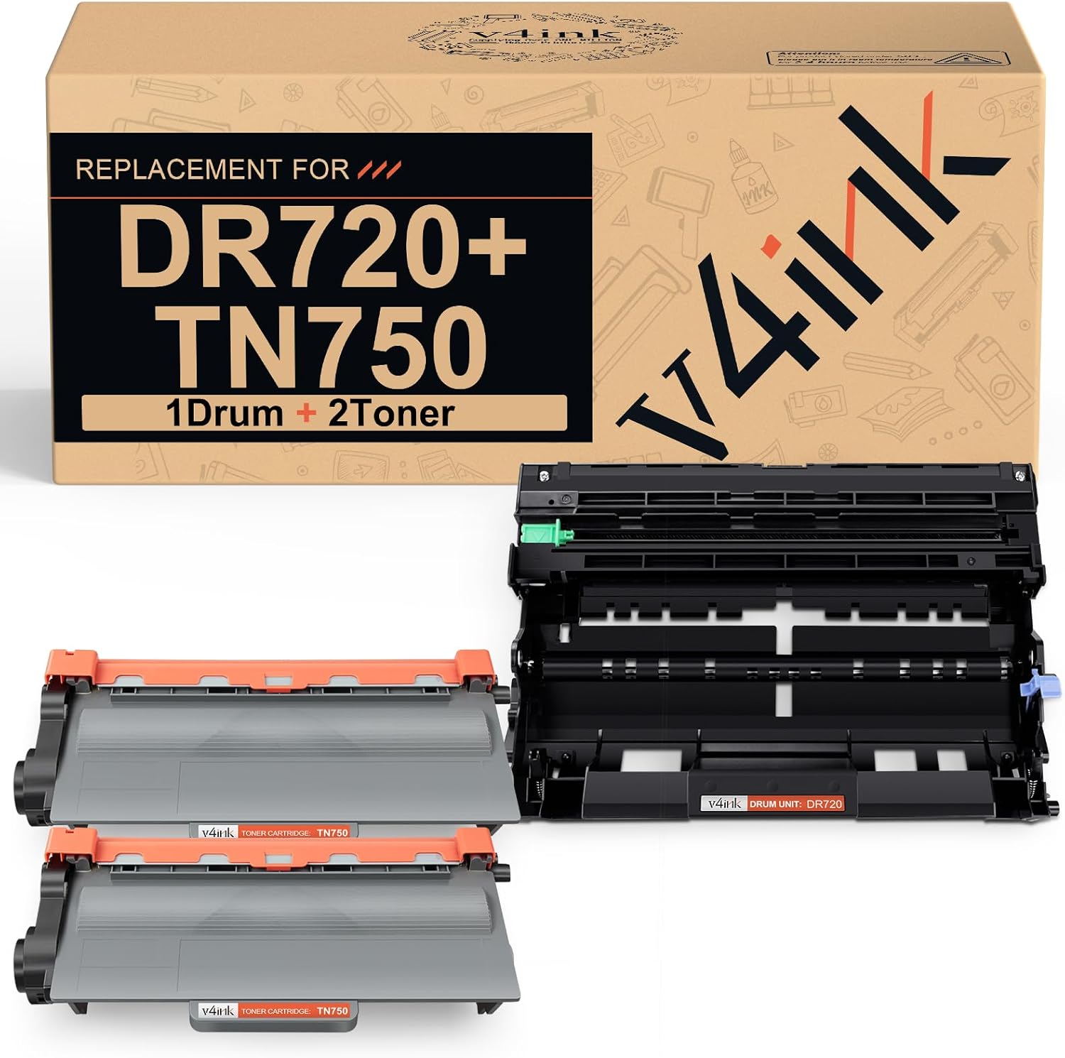 v4ink Compatible Toner Cartridge and Drum Set Replacement for Brother TN750 DR720 (1 Drum + 2 Toners) for Brother hl-5470dw hl-5450dn mfc-8710dw mfc-8950dw mfc-8910dw dcp-8110dn dcp-8150dn Printer