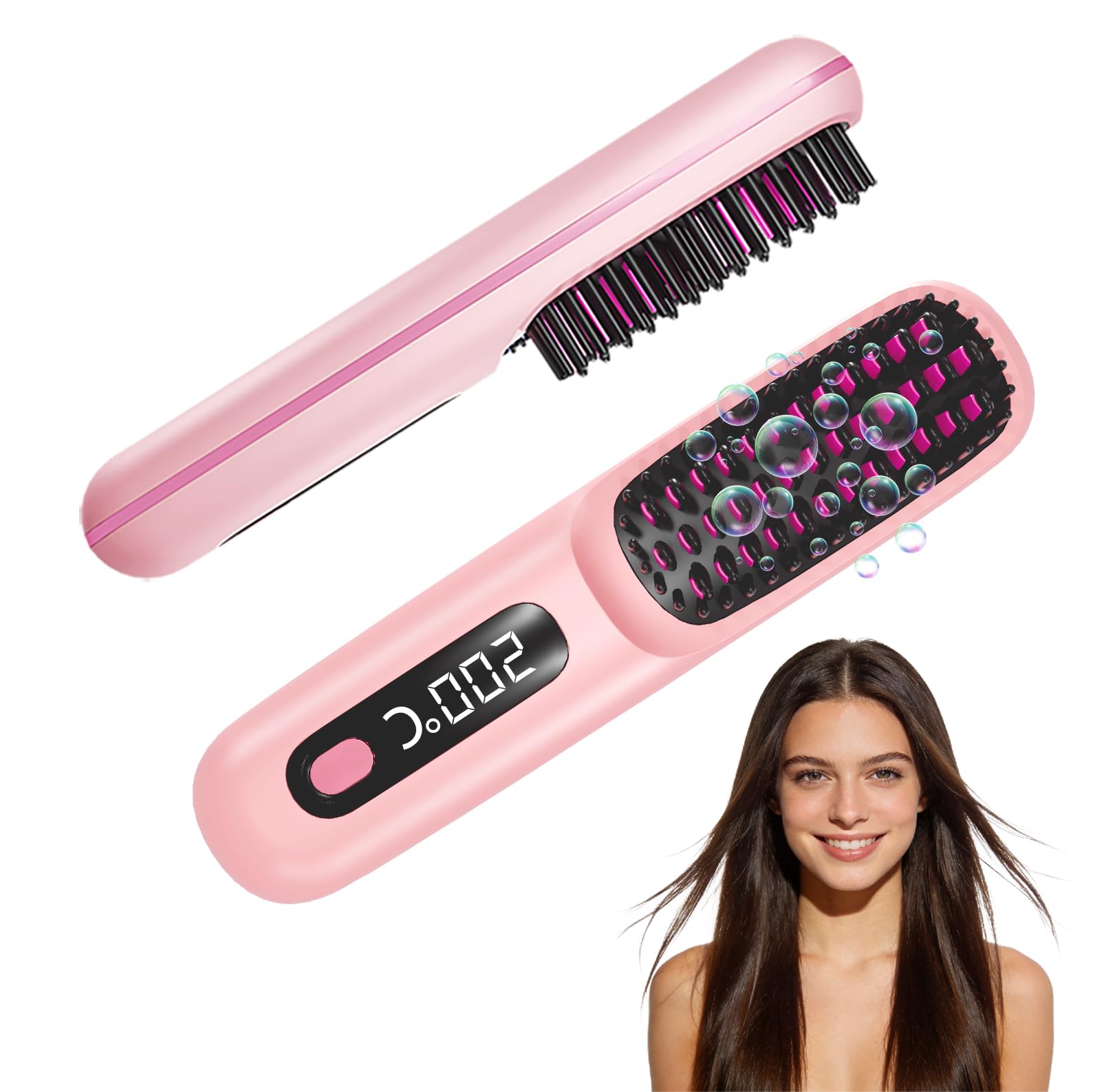 Go Brush Pro 2026, Portable Straightener Brushs for Travel, with LCD Temperature Display, Fast Heating Cordless Mini Hair Brushs (Pink) - 2