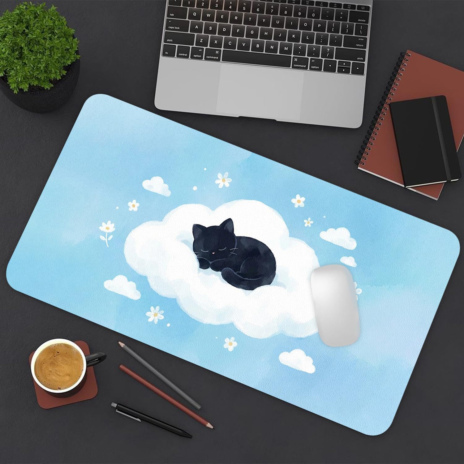 Cat Desk Mat, Blue Kitten Cloud Large Mouse Pad for Desktop, PU Leather Waterproof Desk Pad, Anti-Slip Computer PC Laptop Protector Gaming Mouse Pads Gifts for Cat Lovers (31.5" x 15.7")