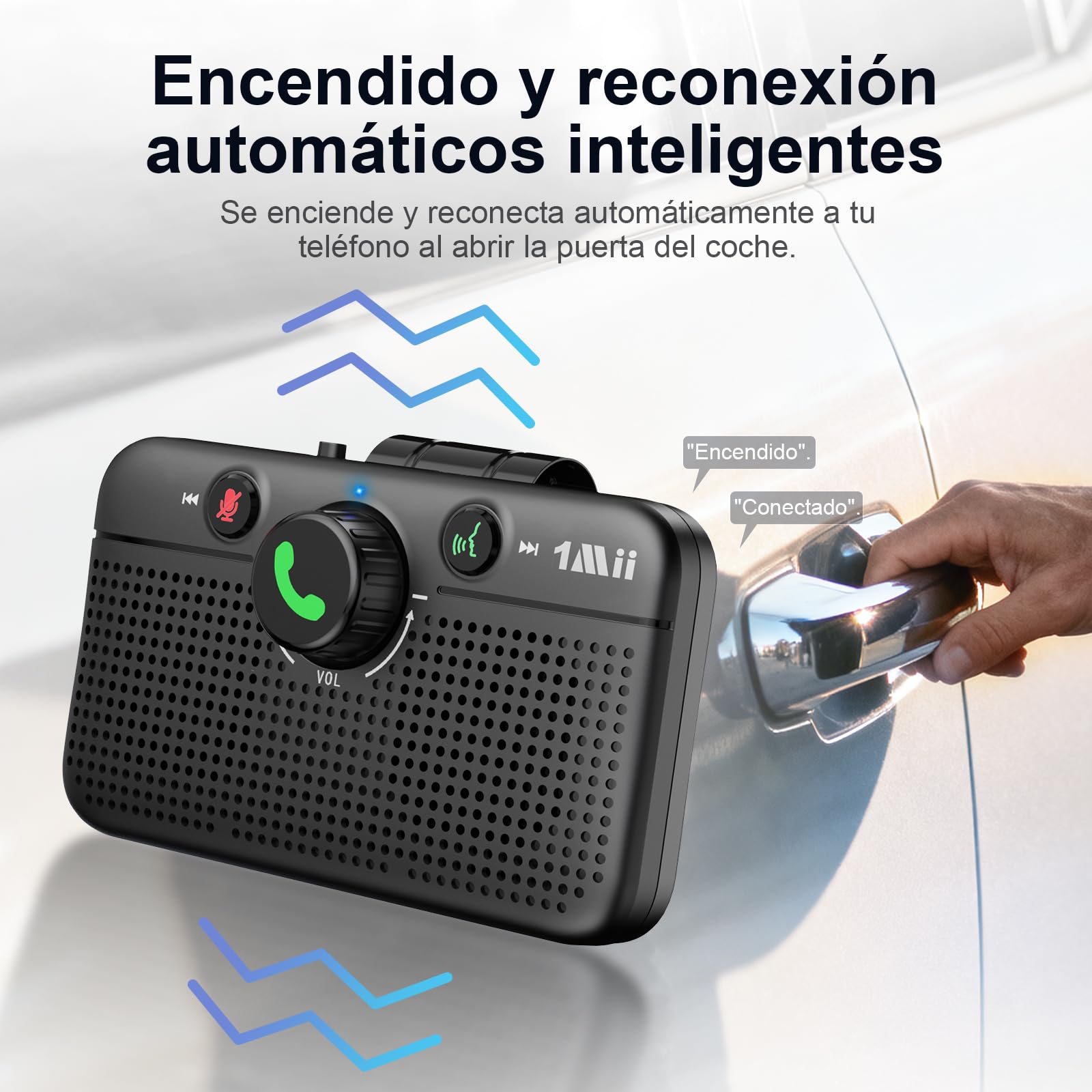 1Mii Manos Libres para Coche Bluetooth 6.0, Kit de Altavoz Bluetooth para Coche, Reconexión Automática, Siri y Google Voice Assistant, Llamadas, Navegación y Música Manos Libres, 35H de Autonomía