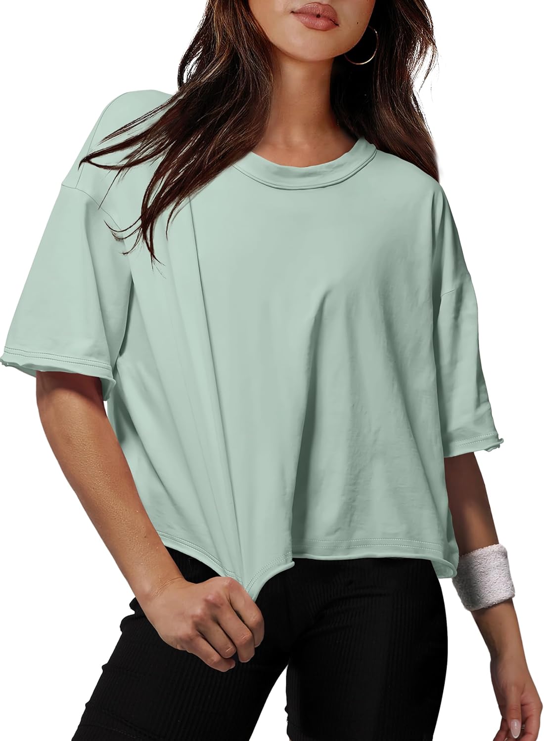 XIEERDUO Cotton Tshirts for Women Drop Shoulder Round Neck Oversized Crop Tops Workout Tops Tees