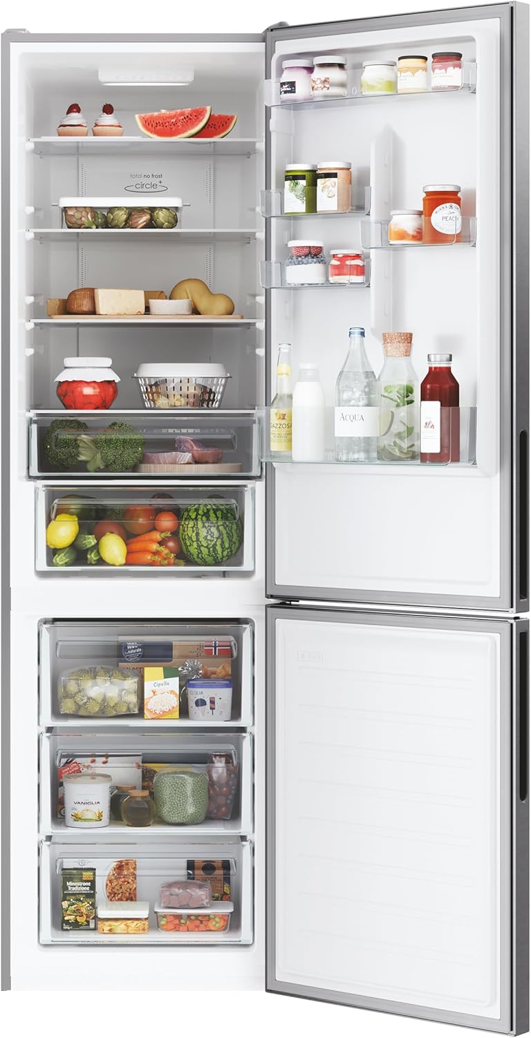 Refrigerator interior with door open, showing shelves and drawers